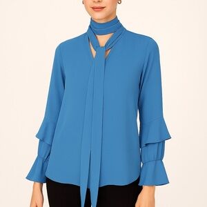 NWOT  Prabal Gurung Blue Tie-Neck Blouse, ruffle sleeve, lightweight.